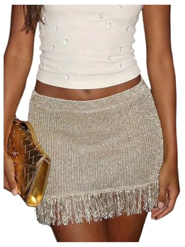 MakeMeChic Womens Summer Crochet Fringe Mini Skirt Summer Beach Vacation Low Waist Knit Skirts Gold Large