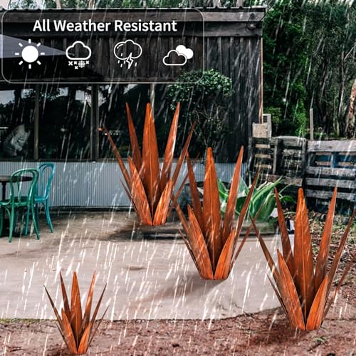 Image of KODIBO 24 inch Metal Agave Plant Outdoor Decor, Large Garden Sculpture, Rusty