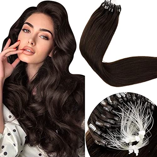 LaaVoo Micro Loop Extension Cheveux Humain Marron Le Plus Foncé #2 50g/50s 14"/35cm Micro Link Extension Vrais Cheveux Marron Le Plus Foncé Micro Ring Extensions Human Hair Cover