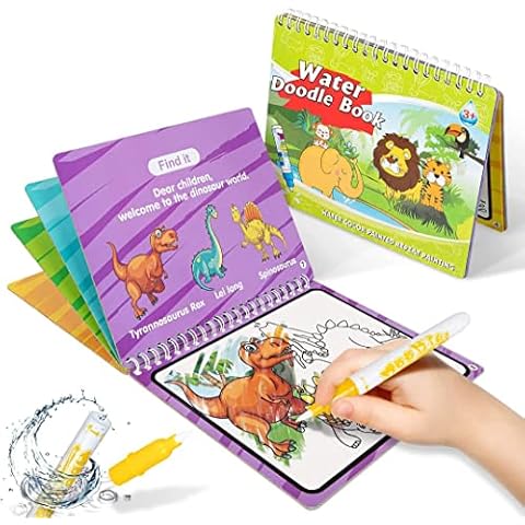KmmiFF 2 Sets Water Colouring Book with Water Pens, Magic Water Reusable Drawing Dinosaur Animal Book Colouring Book as Activity Driving Aeroplane for Children from 3 Years Cover