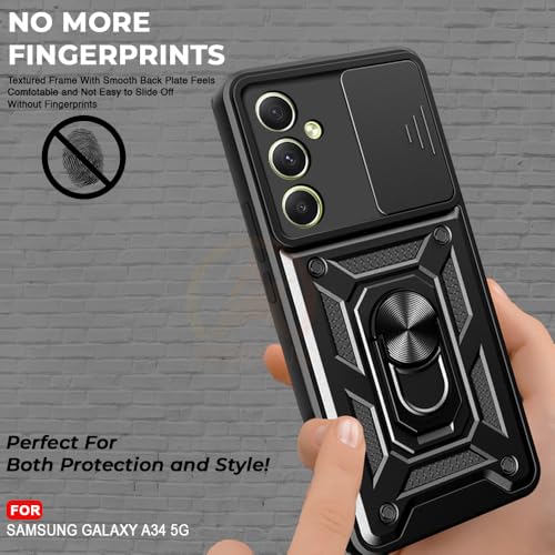 Image of Armor Bumper Back Cover Case for Samsung A34 5G Rotating Camera Cover, Ring Holder & Kickstand | Heavy Duty & 360 Degree Protection Samsung A34 5G Back Cover (Black)