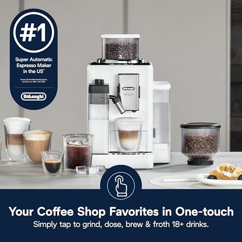 Image of De'Longhi Rivelia Automatic Espresso Machine with Grinder & Milk Frother - All-in-One Coffee Maker, Hot & Iced Latte, Cappuccino, Bean Switch System, Burr Grinder, Compact Italian Design, White