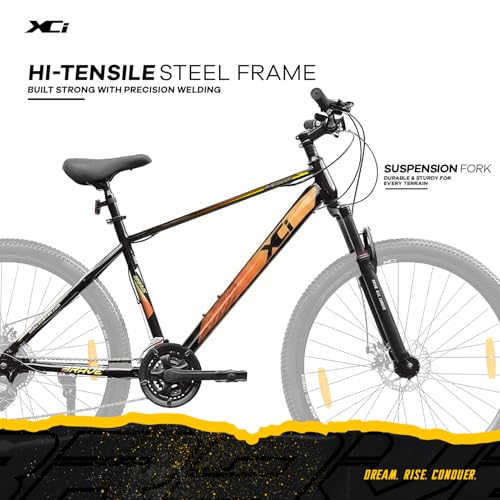 Image of XCi Brave 29T Shimano Geared for Men TUF Shox Front Suspension 21 Speed MTB 29 T (inch) Mountain Cycle Black Gold