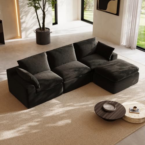 Image of Novilla 104.3 inch Modular Cloud Couch, Modern Sectional Sofa with Smarts Coil Support, Chenille Fabric, Upholstered Couch for Living Room Apartments Bedroom, No Assembly, 3 Seater + 1 Ottoman, Dark Grey