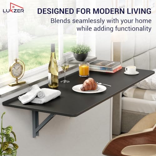 Image of Lukzer Foldable Wall Mounted Table (MT-001, Black) | Space-Saving Floating Study Desk for Home, Office & Kitchen | Engineered Wood Top with Metal Frame | Multipurpose Laptop Desk (120x40 cm)