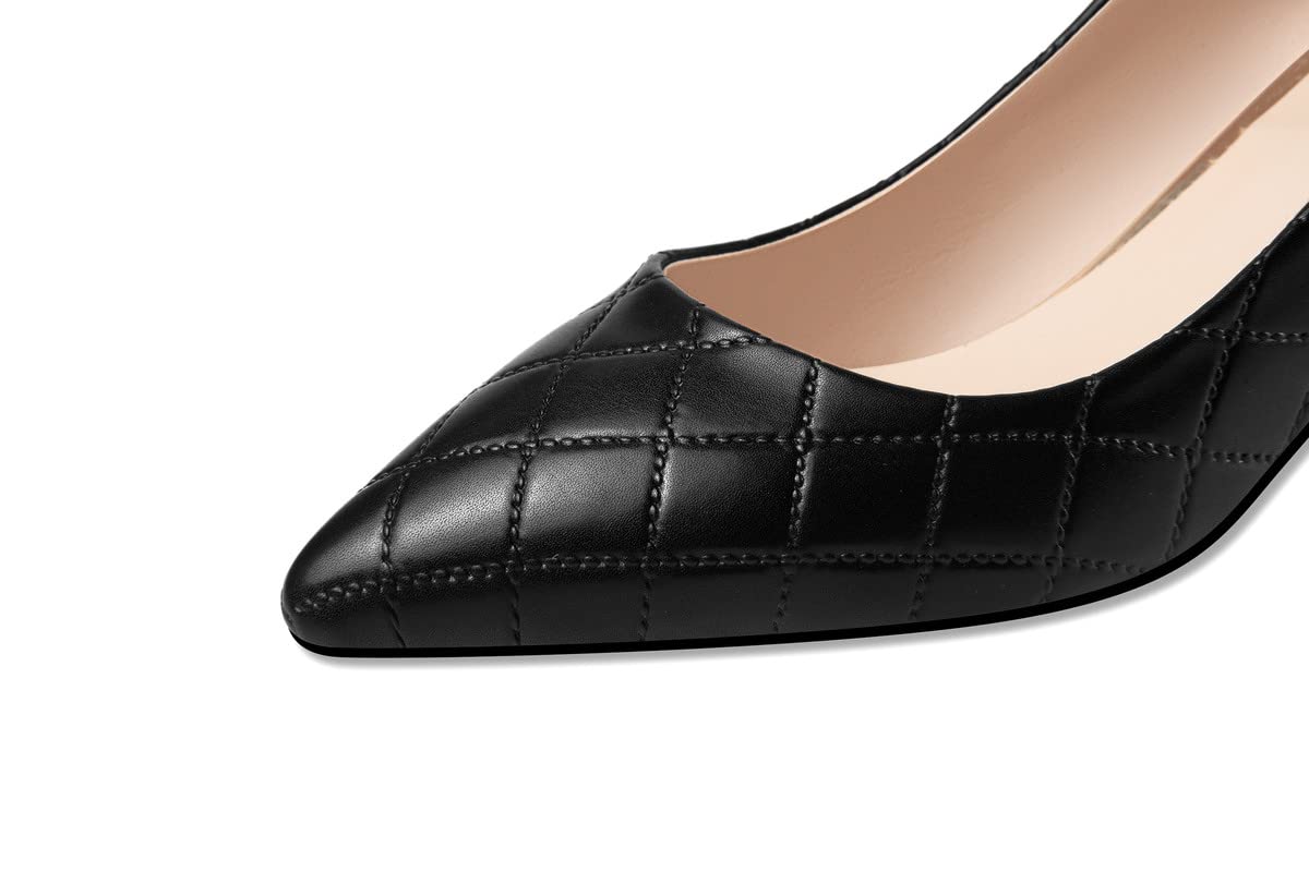 Prawdziwa skóra moda szpiczasty nosek wsuwane kryształy damskie buty, obcas blokowy z wysokim obcasem 5 cm ręcznie robione czółenka dla kobiet duży rozmiar 898-1s, Czarny, 42.5 EU