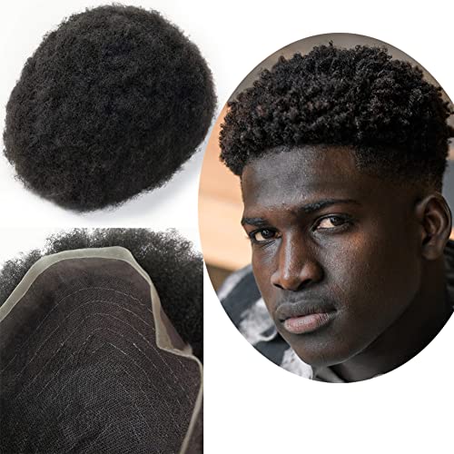 Afro Toupet Cheveux Humains pour Hommes Yanahair Respirant Suisse Dentelle Avec PU Postiche Base Perruques,8x10 pouces de Densité Moyenne Légère Postiche pour Hommes(#1 Noir de jais,4mm bouclette)
