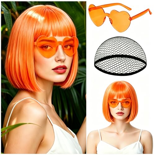 Image of MEEZY Orange Short Bob Wigs Straight Hair with Flat Bangs Heart Sunglasses for Women, Colorful Funny Cosplay Party Neon Wig Synthetic Natural As Real Carnival Halloween Costume Party Favors