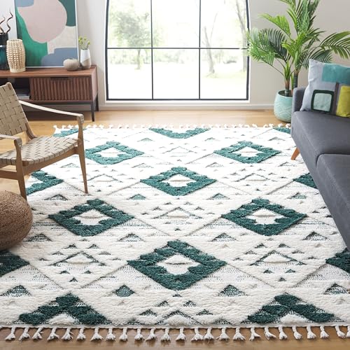Safavieh Area Rug 8x10 - Moroccan Tassel Shag Collection - Large - Green & Ivory, Boho Design, Non-Shedding & Easy Cleaning, Plush Pile, Ideal for Living Room, Bedroom, Dining Space (MTS688Y)
