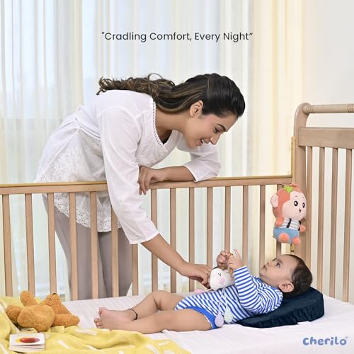 Image of Cherilo C Shaped Elevated Wedge Pillow for Baby Crib & Mattress, Helps to Elevate Baby for Acid Reflux, Colic, GERD, Heat Burn & Vomiting | 15 inch x 12 inch x 3 inch | - with Removable Velvet Cover - Navy Blue