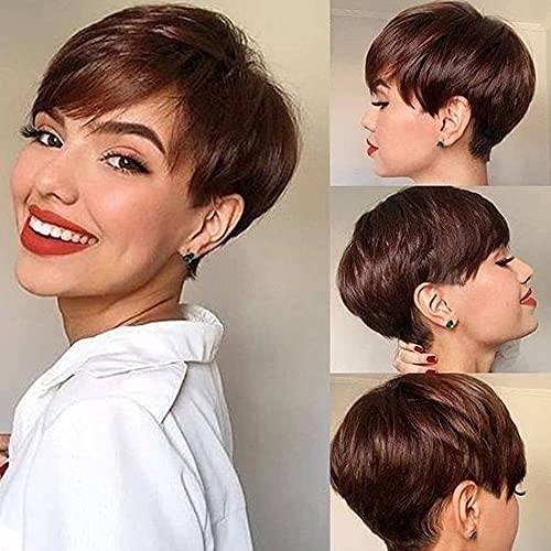 NOBLE HAIR Short Pixie Cut Wigs Human Hair Wigs for Black Women Short Straight Black Wigs with Bangs for Daily Party Use (Ombre Brown Wig)