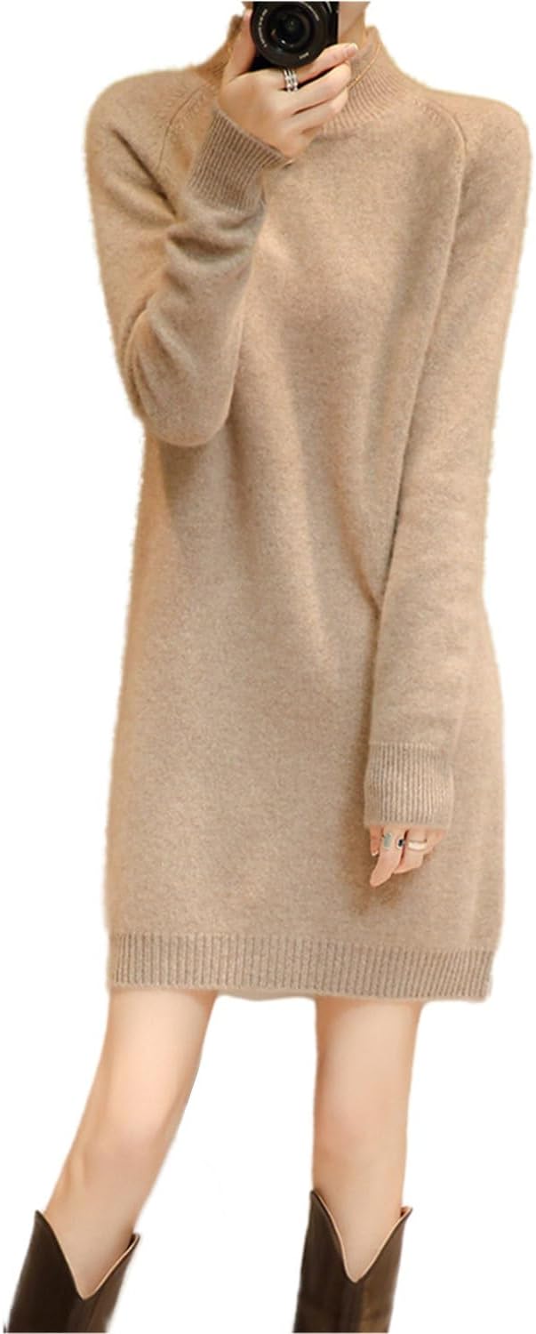 Sweater Dress Women's Mock Neck Raglan Sleeve Merino Wool Pullover Autumn Winter Knitted Long Tops