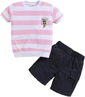 Toonyport Pink Cotton Knit Half Sleeves Boys Clothing Set with Bear Pocket Detail and Beige Shorts Price In India
