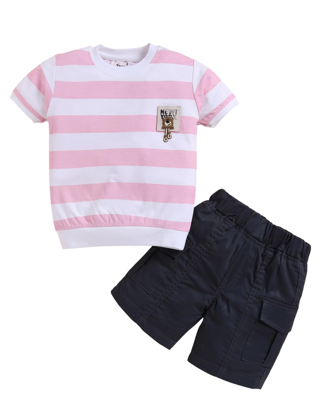Toonyport Pink Cotton Knit Half Sleeves Boys Clothing Set with Bear Pocket Detail and Beige Shorts - Review, Price and Buying Guide