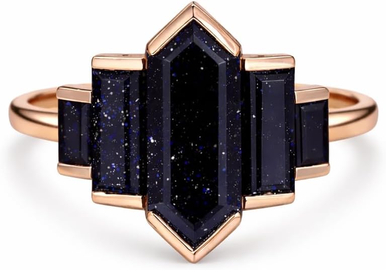 Geometric Blue Sandstone Statement Ring for Women 14K Rose Gold Art Deco Engagement Ring Vintage Hexagon Step Cut Promise Ring Unique Wedding Jewelry Gift for Her