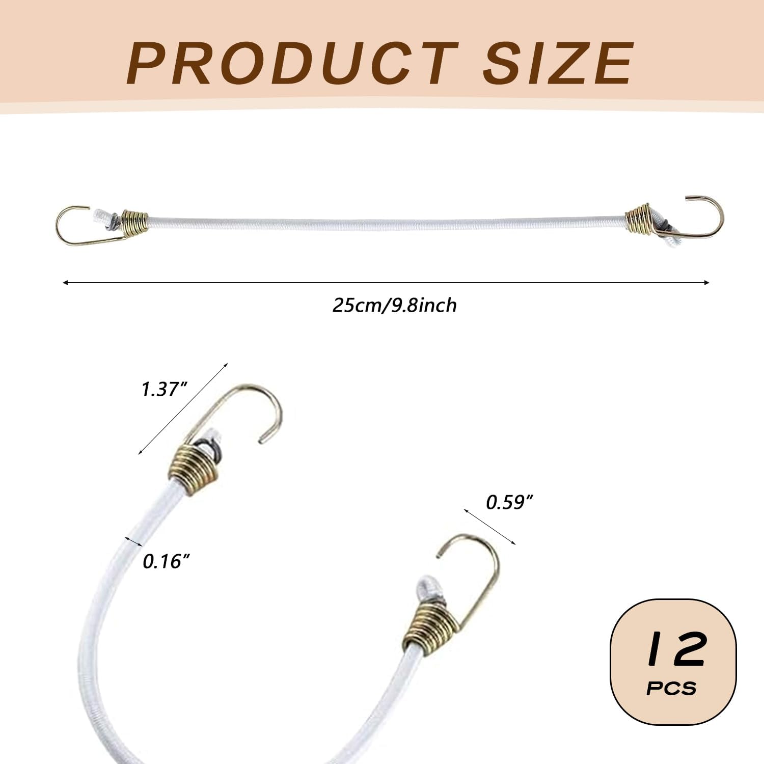 12 Pack 10-Inch White Mini Elastic Straps Heavy Duty Bungee Cords with Hooks for Camping Luggage Roof Racks Tents Tarps