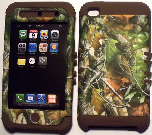 Camo Leaves on Brown Silicone Skin for Apple ipod Touch iTouch 4G 4 Hybrid 2 in 1 Rubber Cover Hard Case