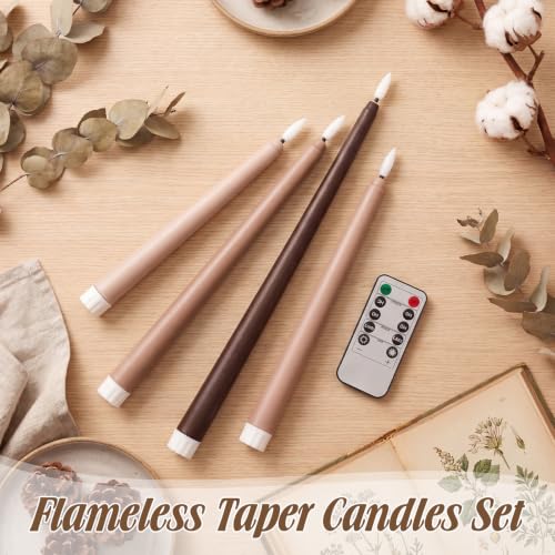 Image of Rossesay 16 Pcs Brown Flameless Taper Candles Battery Operated Candles with Remote Timer 8.5 inch 9.6 inch 10.8 inch 12.8 inch Multiple Sizes LED Flickering Candlestick for Wedding Party Centerpieces Decor