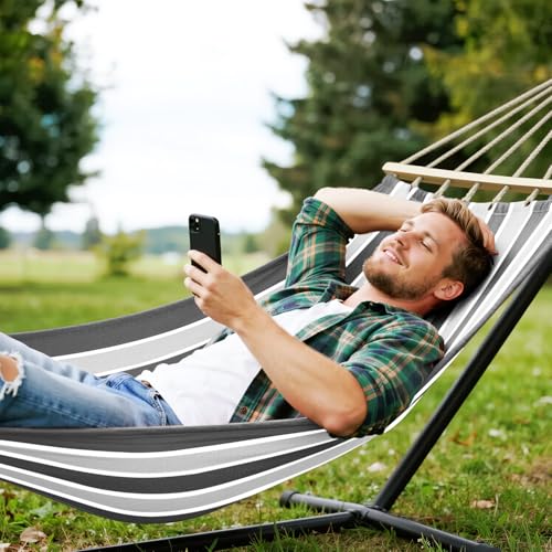 Image of MOSFiATA Hammocks Portable Camping Hammock Upgraded 550lb Comfortable Fabric Hammock with Two Anti Roll Balance Beam and Sturdy Tree Straps for Camping, Patio, Backyard, Outdoor(Grey)