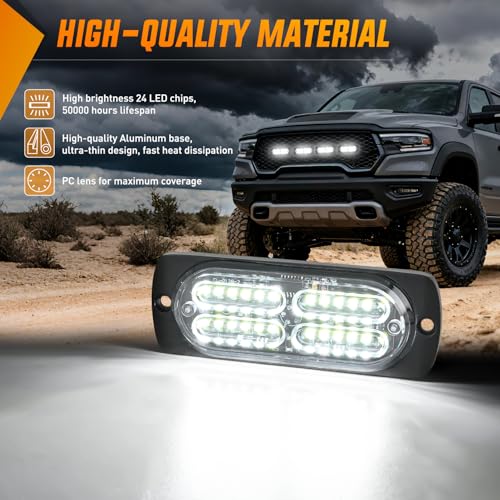 Image of Nilight 4PCS 24LED White Strobe Light 12V /24V Grille Surface Mount | Hazard Safety Warning Light with Sync Feature for Car Truck Camper Side Marker Aluminum Alloy Base Emergency Lights