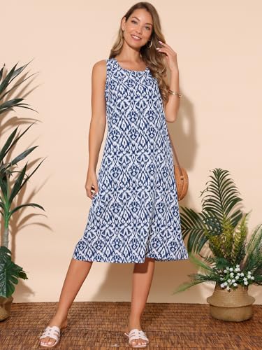 Image of Seta T Women's Summer Dresses Beach Casual Sleeveless Sundress Crewneck Print Loose Midi Tank Dress with Pockets