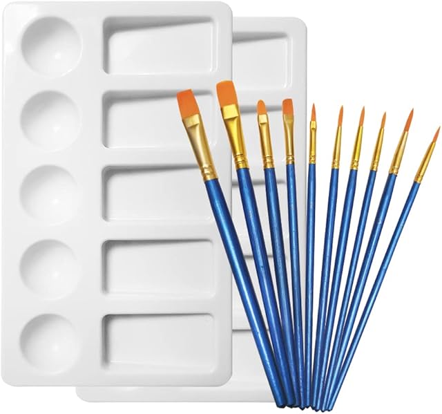 2pcs Paint Palette, Rectangular 10 Well Mixing Tray Acrylic Plastic Paint Palette with 10pcs Blue Paint Brush,Painting for Watercolor Oil Paintbrushes Artists Beginners