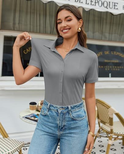 Image of Gleeivy Women's Slim Fit Button Down Shirt Stretch Short Sleeve Wrinkle-Free Work Blouse for Business Casual Office