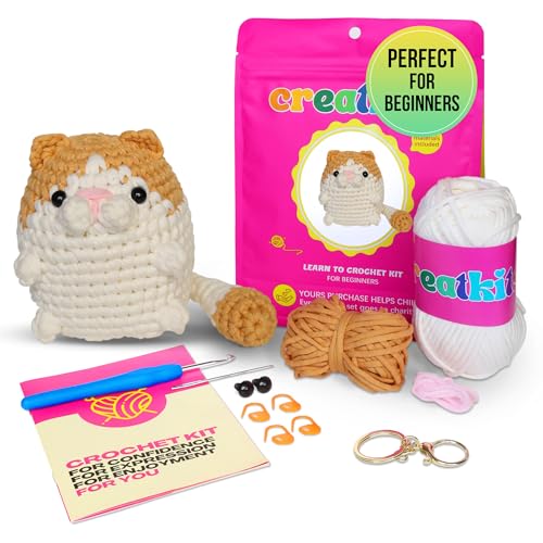 Crochet Kit for Beginners – Kitten | DIY Crochet Animal Kit with Step-by-Step Video – Craft Set for Adults & Kids – Includes Yarn, Hook, Tools & Instructions