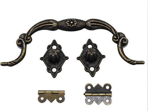 Miniatura 4 de Cierre de pestillo antiguo para caja de joyería, bisagras, mango, protectores de esquina, kit para bricolaje, tono bronce, 2 juegos, 24 piezas