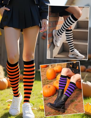 HONGTEYA Knee High Socks for Women Halloween Womens Cotton Athletic Long Tall High Thin Stripes Boot Tube4
