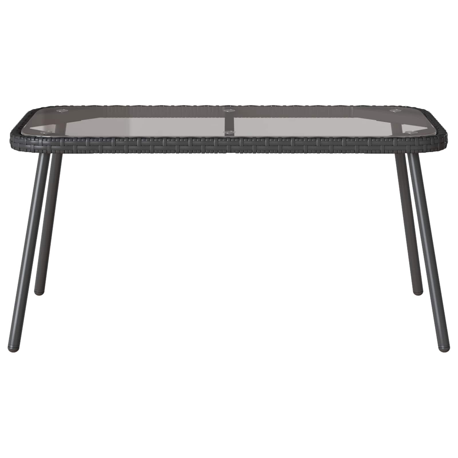 Stolik kawowy, czarny, polirattanowy, 90 x 45 x 43 cm, odporny na warunki atmosferyczne, do ogrodu, na taras, balkon, idealny jako stolik pomocniczy, stół wypoczynkowy ze szklanym blatem i