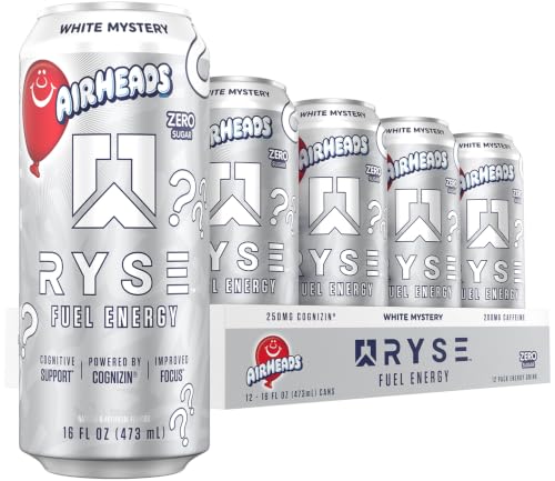 Image of RYSE Fuel Energy Drink - Airheads White Mystery - Sugar Free - 200mg Natural Caffeine, New Formula to Supports Cognitive Health & Improves Focus - No Artificial Colors - 16 fl oz Cans (12-Pack)