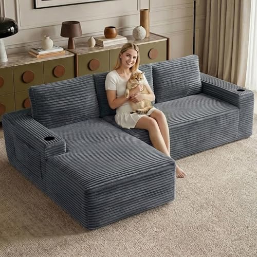 Image of 104.3 inch Modular Sectional Sofa,Modern Corduroy Cloud Couch with Cup Holder & Side Pockets,Boneless Couch Upholstered 3-Seater L-Shaped Sofa for Living Room,No Assembly (Dark Grey, Left-Facing Chaise) | with Cup Holder