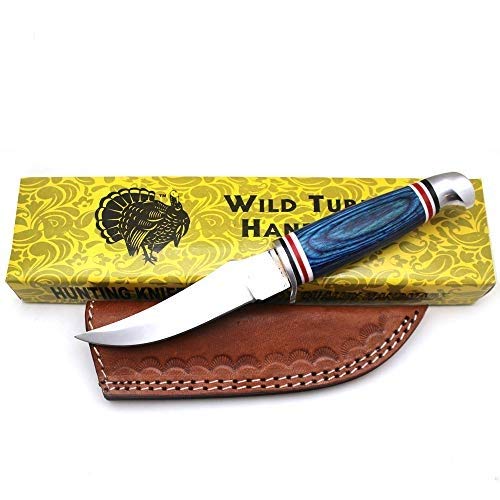 Wild Turkey Handmade Collection Color Wood Handle Fixed Blade Skinner Knife w/Leather Sheath (Blue)