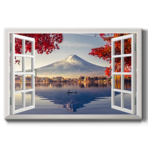Renditions Gallery Nature Art Scenic Window View Decorations Beautiful Japan Mount Fuji Canvas Wall Hanging Artwork for Bedroom Living Room Office - 12"X18" LT04