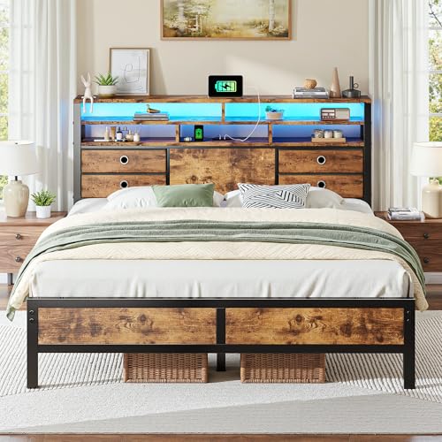 Image of Homkdom Bed Frame Queen Size with 3-Tier Storage Headboard and 4 Drawers,Queen Platform Bed Frame with LED Lights & Charging Station,Metal Queen Bed,Noise-Free,Rustic Brown
