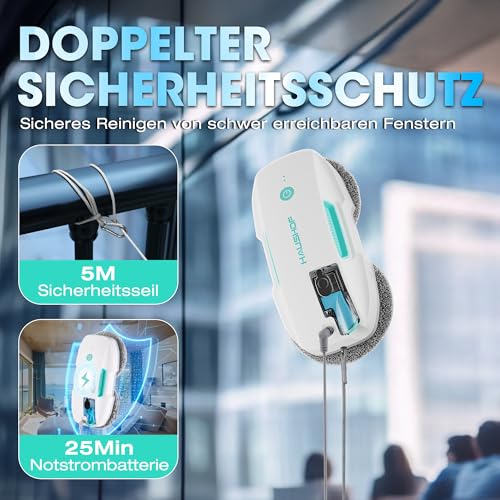HAUSHOF Fensterputzroboter mit Sprühfunktion, 3800PA Elektrischer Fensterputzer, Intelligenter Navigation, Fernbedienung, Mit Glasreiniger & Tüchern, Zweifacher Schutz, Für Innen- & Außenfenster