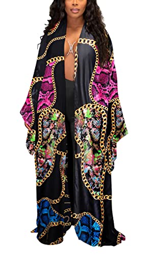 Image of Kimono Cardigan for Women Long Boho Satin Kimono Robes Plus Size Open Front Beach Swimsuit Cover Ups Lightweight Duster