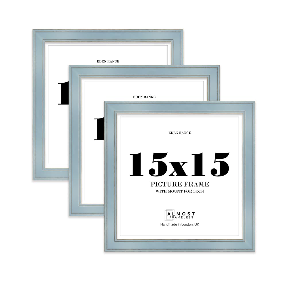 15x15" Cornflower Blue Square Picture Frame with 14x14" Mount - Shabby Chic Photo Frame with Distressed Finish, Gold Trim, Wall Hooks, 37mm Edge - 3 Pack
