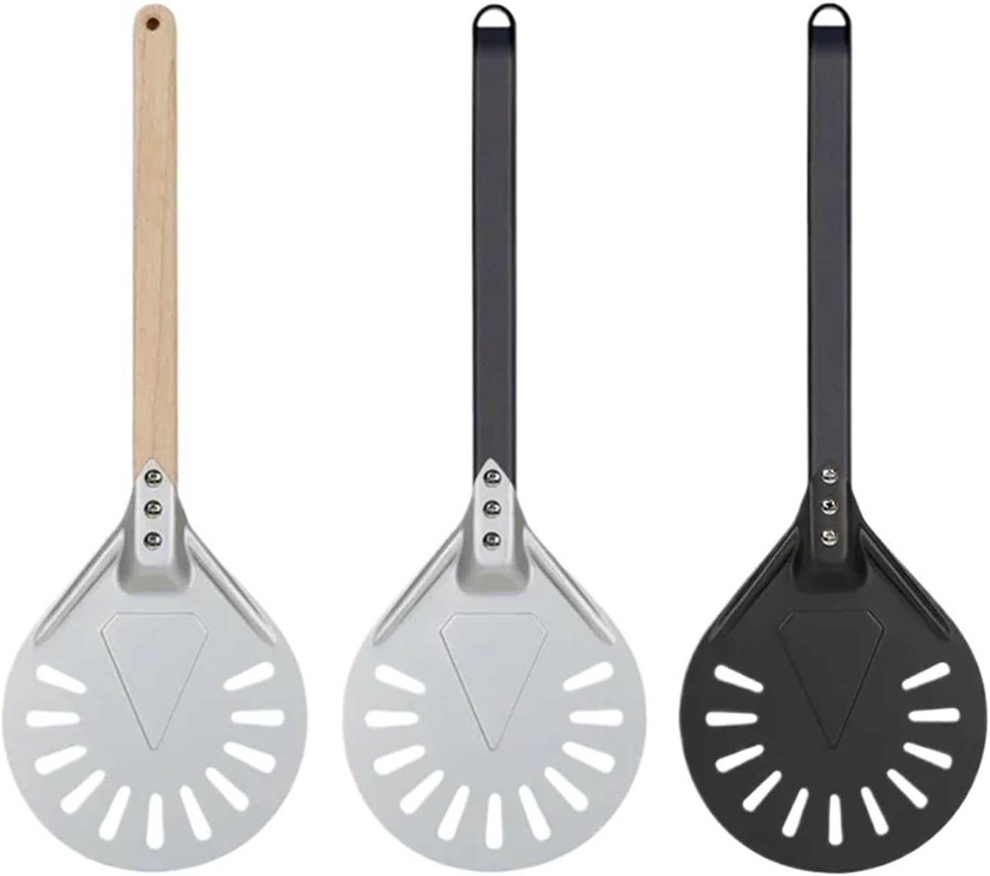 1PCS Pizza Turning Small Peel Paddle Short Round Tool Non Slip Wooden Handle 7 8 9 Inch Perforated Shovel Aluminum(VIOLET/紫罗兰)