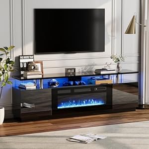 Led Fireplace TV Stand 70Inch, Modern Electric Fireplace TV Stand with Cabinets, 2 Tier TVStand with 36″ Fireplaces, Entertainment Center with Fireplaces for TVs Up to 80