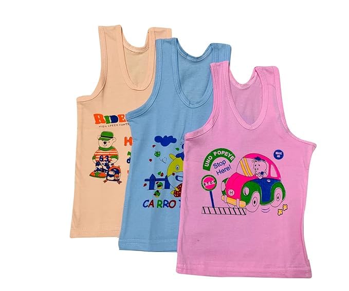 GSXMOL Printed Baby Vest for Kids Cotton Sleeveless Sando Baniyan Toddler Innerwear Baby Cloth for Boys & Girls Pack of 3