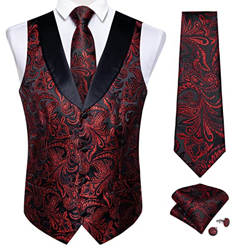 Image of DiBanGu Black Red Mens Vest Paisley Suit Vest Slim Fit Formal Waistcoat with Tie Pocket Square Cufflinks Silk Wedding