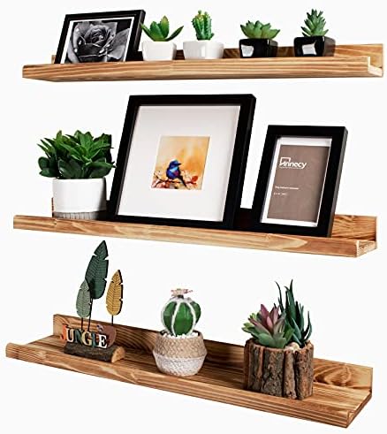 Annecy Floating Shelves Wall Mounted Set of 3, 24 Inch Carbonized Black Natural Wooden Shelves for Wall, Wall Storage Shelves with Guardrail Design for Home, Kitchen, Office, 3 Different Sizes
