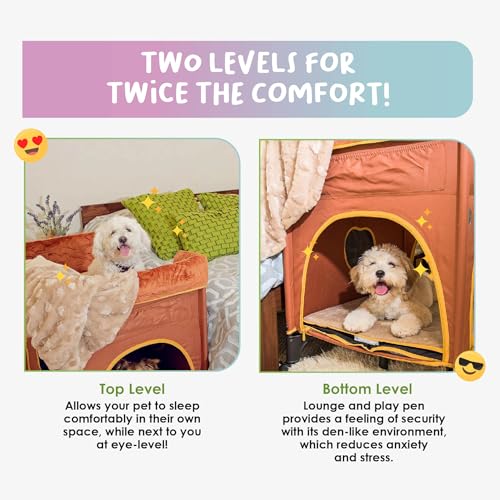Petique Bedside Lounge Pet Bed, Bunk Bed for Medium Size Pets, Raised Lounge Bed for Cats & Dogs, Lion’s Den Design,Brown, 39.0"L x 22.5"W x 33.5"Th