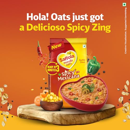 Image of Saffola Masala Oats Spicy Mexicana, 400g | Spicy Flavoured Rolled Oats with High Fibre, Yummy Anytime Snack (Pack of 3)