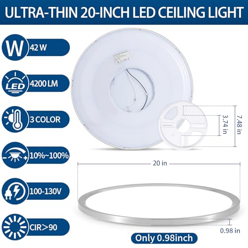 Glowall 20'' Led Flush Mount Ceiling Light Fixture, 42W 4200LM, Dimmable & 3000K/4000K/6500K Selectable, Modern Ceiling Lamp for Dining Room, Kitchen, Bedroom, Office, Hotel, Wired by Glowall - Image 2