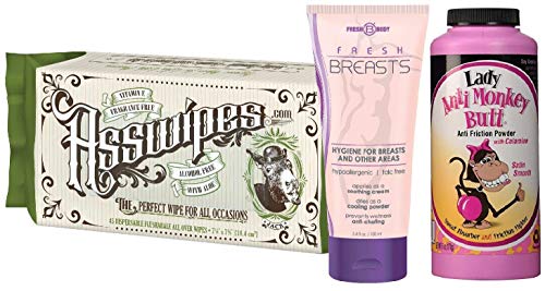 Fresh Breasts 3.4 oz, Lady Anti Monkey Butt, and ASSWIPES Ladies Stay Fresh Bundle Kit! Fresh Breasts Antiperspirant, Lady Anti Monkey Butt Anti Chaffing Powder and ASSWIPES All Over Wipes!