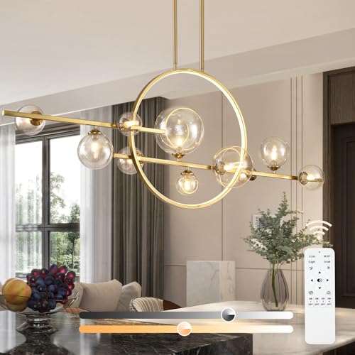 KELUOLY 10-Light Gold Kitchen Island Light, 54" Modern Dimmable Mid-Century Dining Room Chandelier, Linear Sputnik Pendant Lights with Globe Clear Glass Shade for Dining Room Kitchen Island, bar
