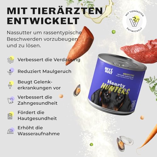HEY HOLY Premium Nassfutter für kleine Jagdhunde 100% getreidefrei | 6X 200g Hundefutter für ausgewachsene kleine Jagdhunde mit Rind | Hochverträglich aus natürlichen Zutaten